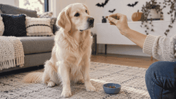 Golden Retriever sitting calmly as an owner offers a small dog treat, with a separate treat bowl nearby.