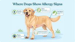 Diagram showing allergy signs in dogs around the paws, muzzle, ears, belly, armpits and tail base