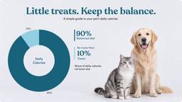 Pet treat calorie guide: 90% balanced diet and no more than 10% treats. Percentages refer to daily calories, not bowl size.